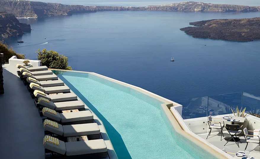 A hotel pool in Santorini
